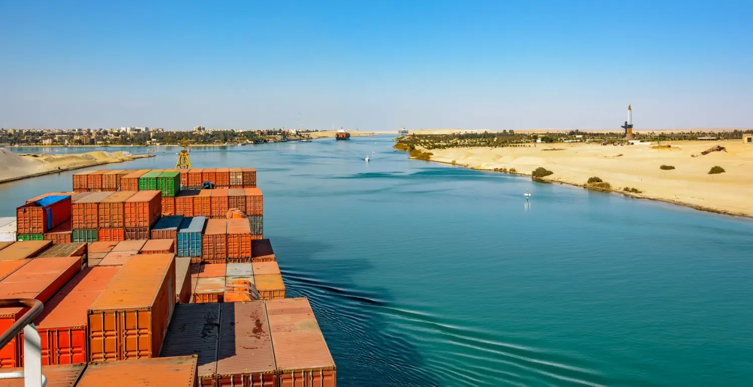 Industrial container ship passing Suez canal