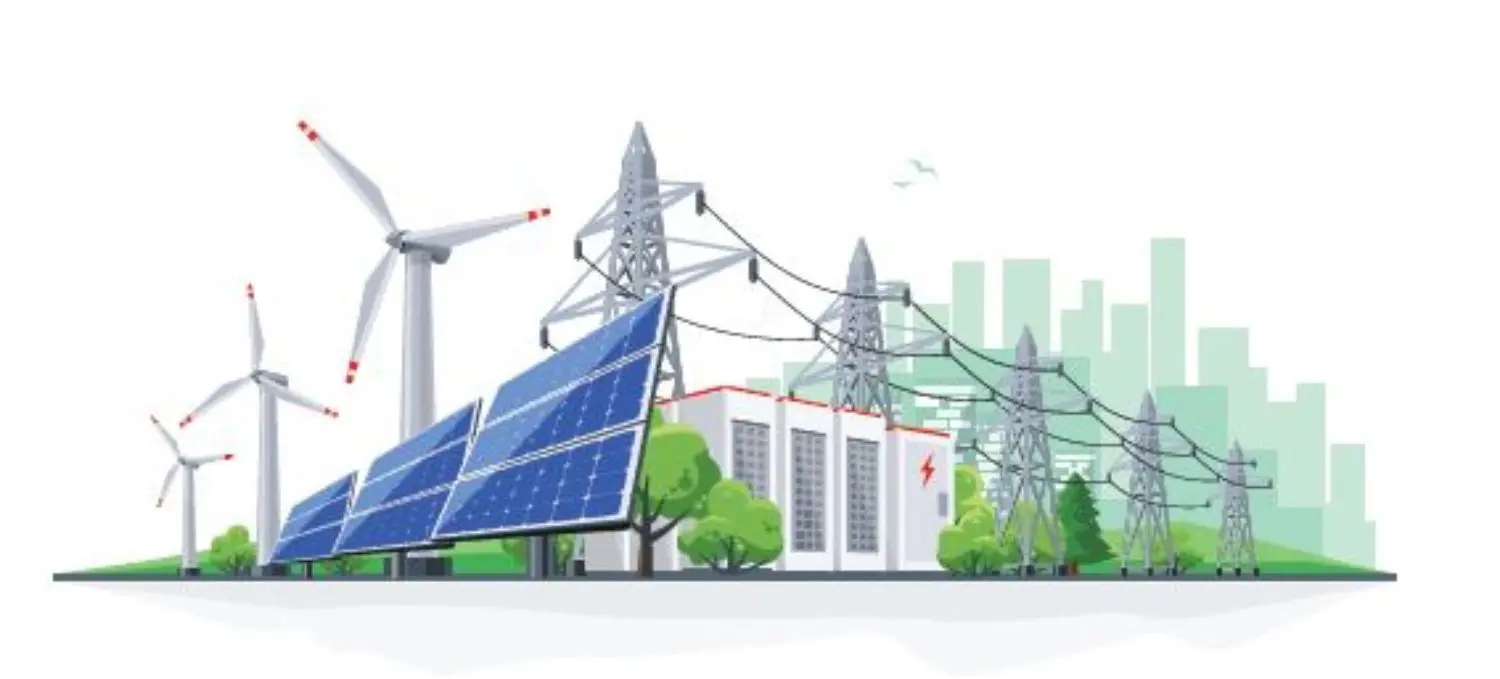 Illustration: Solar panels, wind turbines and electricity pylon stands, and the skyscrapers in the background