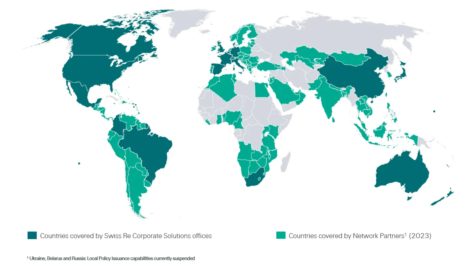 Swiss Re Corporate Solutions´ global network.<br/>World map of countries covered by Swiss Re Corporate Solutions offices. 