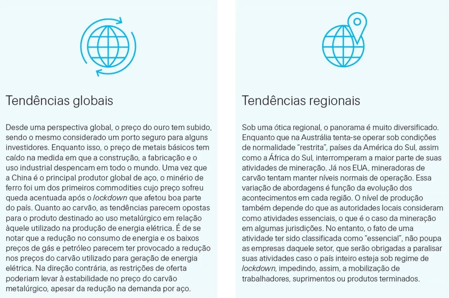 O texto reflete a opinião razoável da Swiss Re Corporate Solutions sobre o impacto, consequências e efeitos da COVID-19 no setor de mineração na data de publicação deste documento.