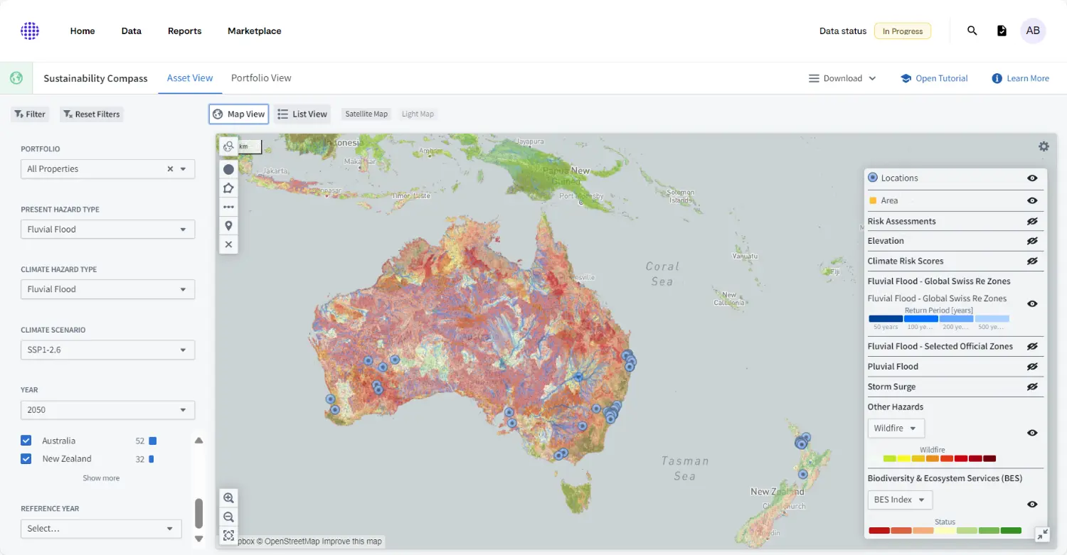 Overview of asset exposure to different hazard layers such as Fluvial Flood and Wildfire across multiple locations in Australia on RDS